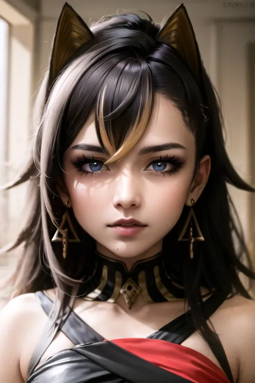 La imagen muestra a una hermosa mujer joven con cabello largo y castaño oscuro, ojos azules y orejas de gato. Lleva un collar negro y dorado, un vestido rojo y dorado, y tiene una expresión seria en su rostro. Está de pie frente a un fondo blanco, y la imagen está recortada a la altura de sus hombros.