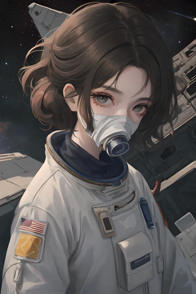 Esta é uma imagem de uma jovem menina em um traje espacial com o capacete fora. Ela tem cabelos castanhos e olhos castanhos. Ela está usando um traje espacial branco com um capacete de bolha transparente. O traje espacial tem um patch da bandeira americana no braço esquerdo. Ela está em pé em frente a uma nave espacial. Há estrelas no fundo.