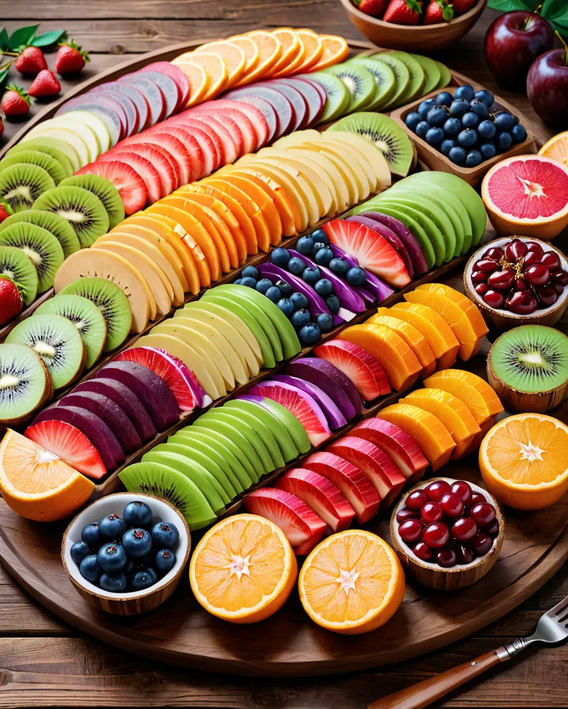 The image shows a wooden table with a large round wooden platter filled with a colorful variety of fruits. The fruits are arranged in neat rows by type and color, and include strawberries, blueberries, grapes, kiwi, oranges, grapefruit, and dragon fruit. The platter is garnished with several small bowls of blueberries and cranberries.