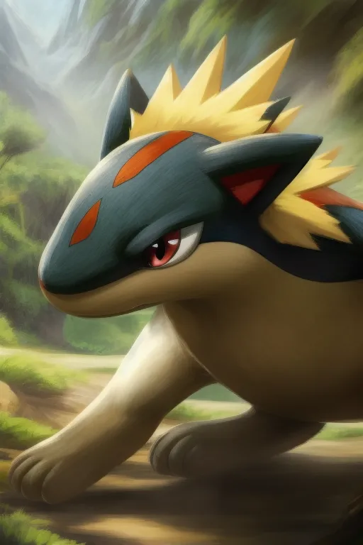 The image shows a Pokémon character. It is a quadrupedal, mammalian creature with blue and yellow fur. It has a long, pointed snout and a pair of red eyes. Its back is covered in sharp spikes. It is standing in a forest setting, surrounded by tall grass and trees