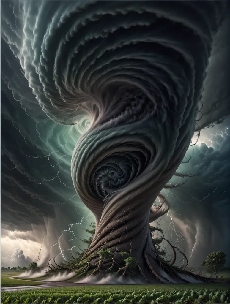 This is a picture of a tornado. The tornado is very large and powerful. It is made of dark clouds and has a funnel shape. The tornado is surrounded by lightning. The tornado is destroying a field of crops.