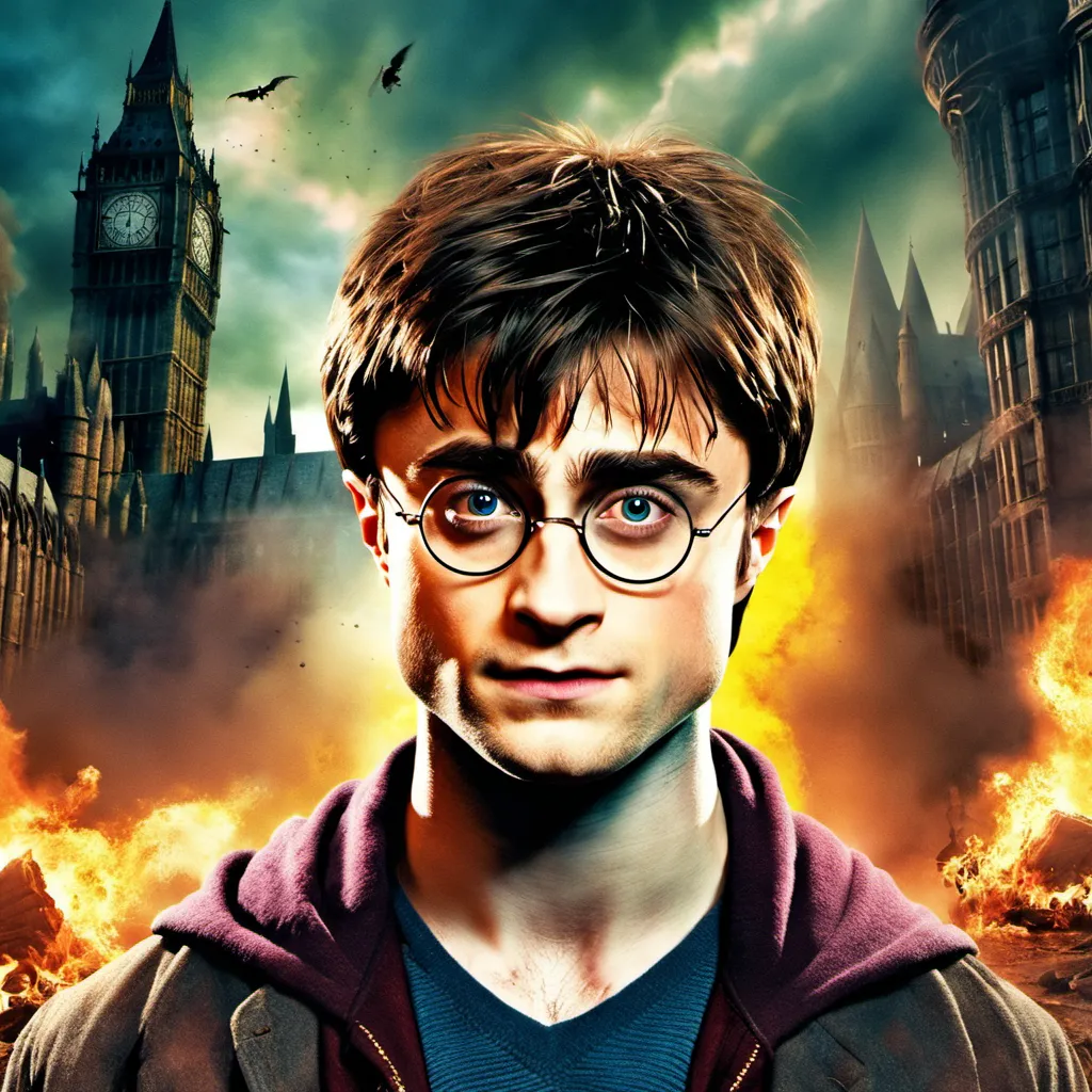 This is a picture of Harry Potter, a character from the Harry Potter series of fantasy novels written by J. K. Rowling. He is a young wizard who attends Hogwarts School of Witchcraft and Wizardry. He is known for his bravery and determination in fighting against the dark wizard Lord Voldemort. In this picture, Harry is standing in front of a burning building, likely Hogwarts, with a determined look on his face. He is wearing his signature round glasses and a Gryffindor scarf.