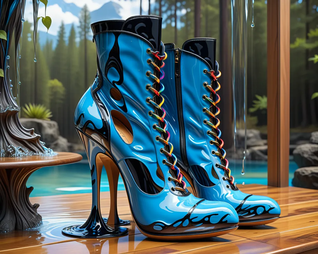 A pair of blue boots with black soles and rainbow laces sit on a wooden table. The table is near a large body of water, with trees and mountains in the background. The boots are made of a shiny material and have a unique design, with a flame-like pattern on the sides.