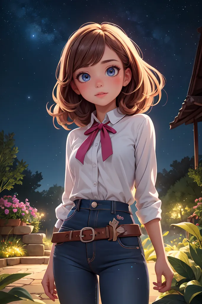 This is an image of a young girl with brown hair and blue eyes. She is wearing a white blouse, blue jeans, and a pink bow tie. She is standing in a garden at night. There are flowers and plants in the background and a starry night sky. The girl is looking at the viewer with a shy smile on her face.