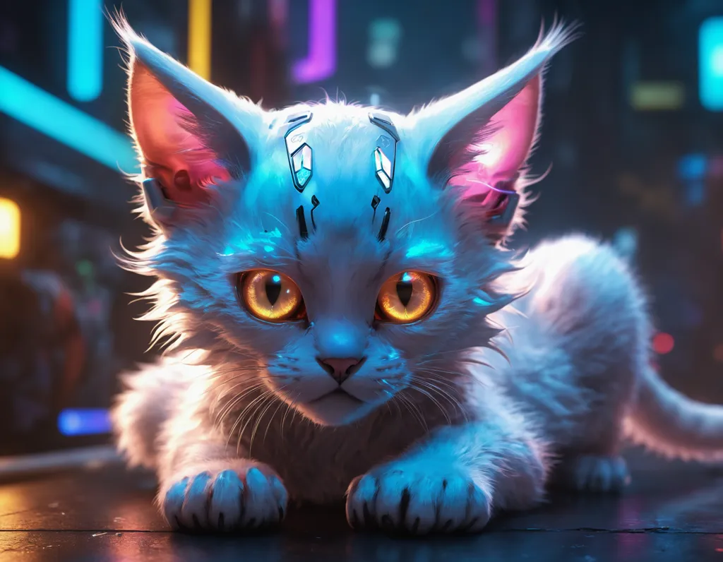 The image shows a white cat with blue eyes. The cat is sitting on a table in front of a blurred background of a city at night. The cat has a cybernetic implant on its head. The implant is a small, silver device with a blue light. The cat is looking at the viewer with its big, round eyes.