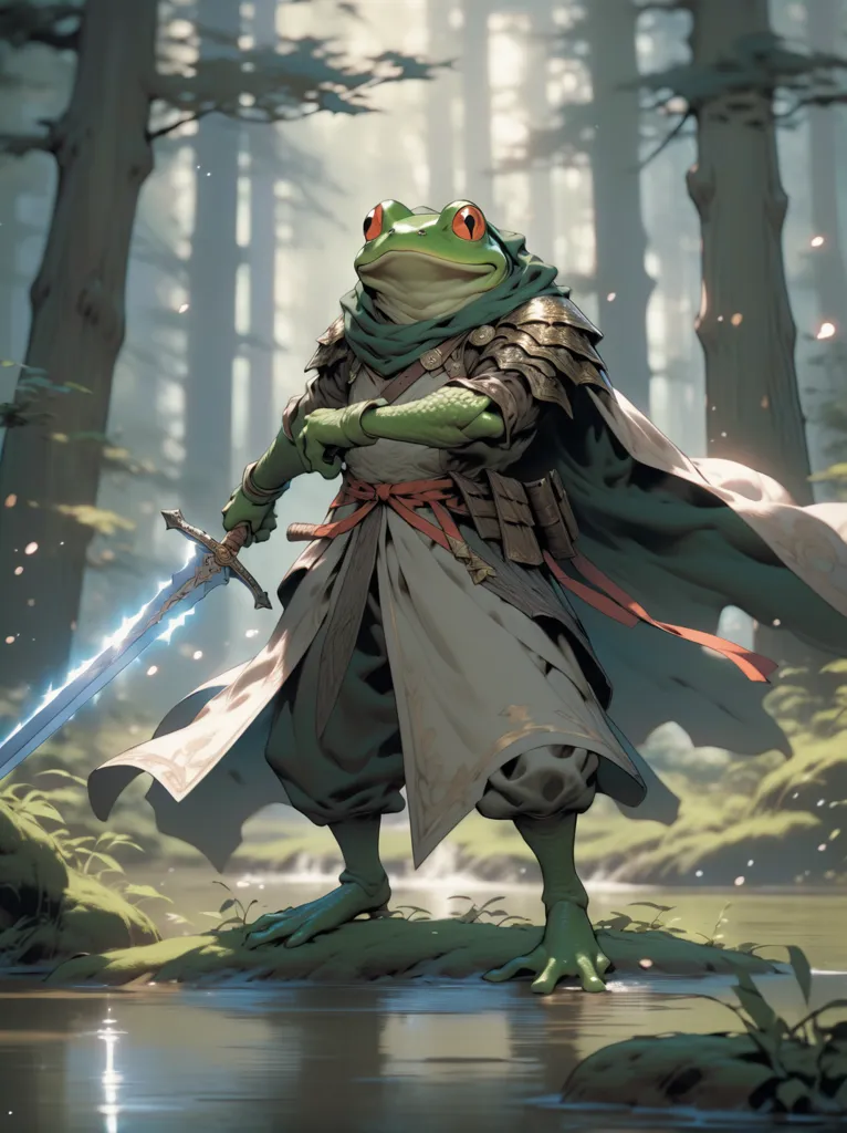 The image depicts a humanoid frog standing in a lush forest. The frog is dressed in a green tunic and brown leather armor. It has a sword sheathed at its side and a dagger in its belt. The frog is standing on a rock in a stream, and there are trees and plants all around it. In the background, there is a waterfall. The frog is looking at the viewer with a determined expression.