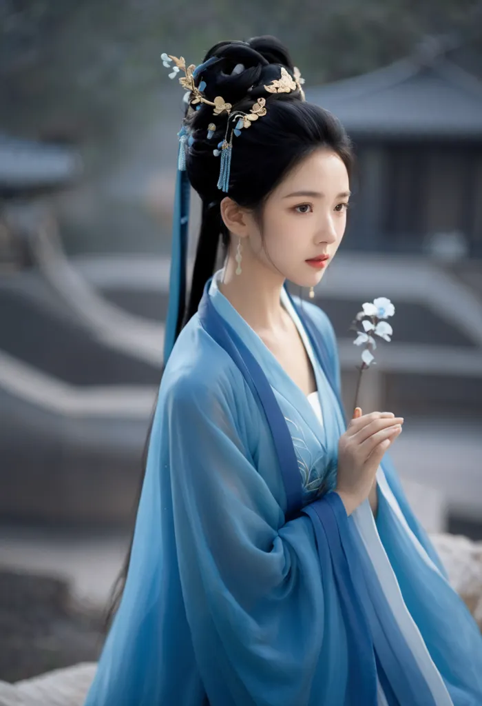 The image shows a young woman in a blue traditional Chinese dress with white and gold accents. Her hair is up in an elaborate bun with hair sticks and other hair accessories. She is standing in a courtyard with a serious look on her face.