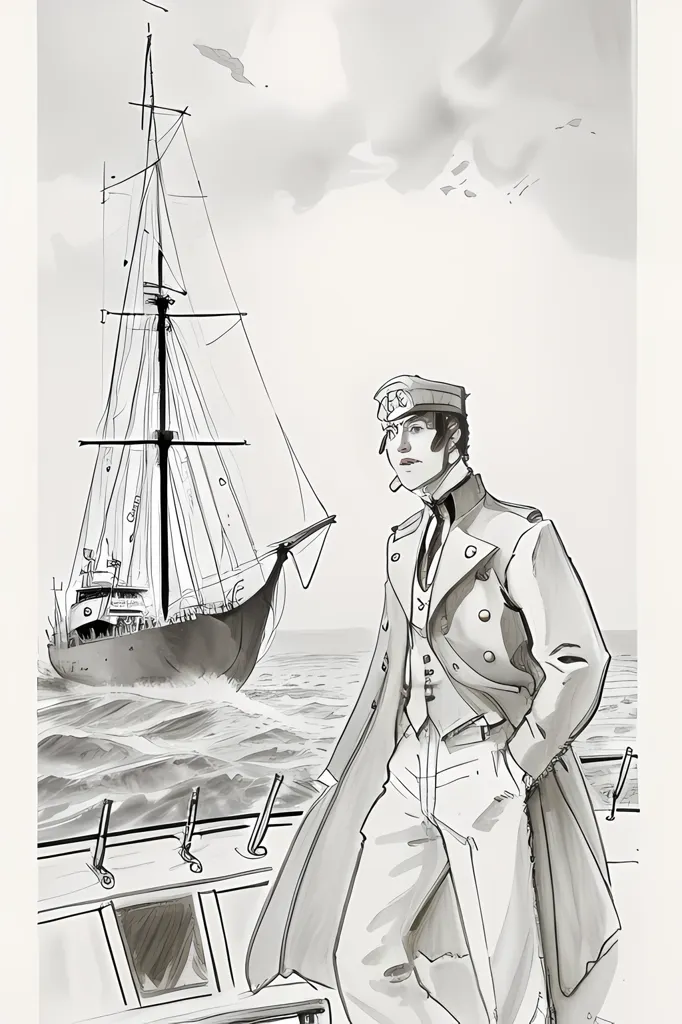 A black-and-white drawing of a man standing on the deck of a ship. The man is wearing a hat, a coat, and a vest. He is looking out at the sea. A large ship is sailing in the background. The sky is cloudy.