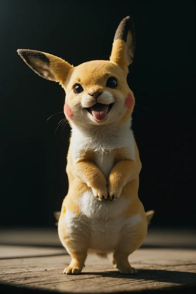 This is a photo of a Pikachu, which is a fictional character from the Pokémon franchise. It is a small, yellow, and furry creature with pointed ears and a red circle on each cheek. It is standing on its hind legs and has its front paws together in front of its chest. It is looking at the viewer with a happy expression on its face. The background is a dark color, which makes the Pikachu stand out