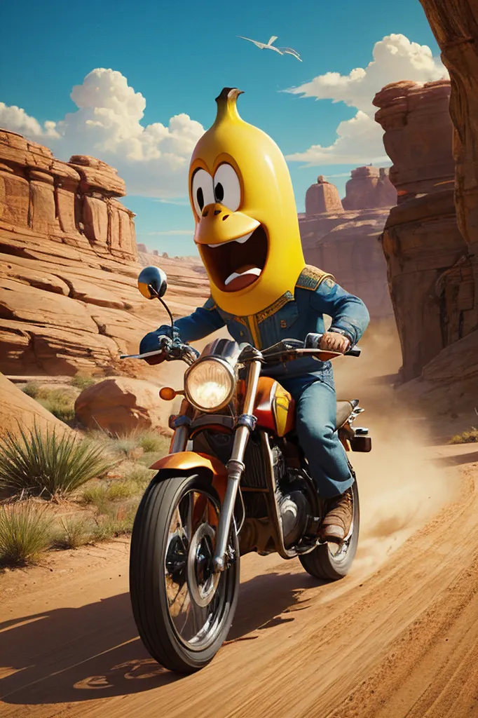 This is a picture of a banana riding a motorcycle. The banana is wearing a blue vest and jeans. The motorcycle is brown and has a headlight. The banana is smiling and looks like it is having a good time. The background is a desert with red rocks and a blue sky.