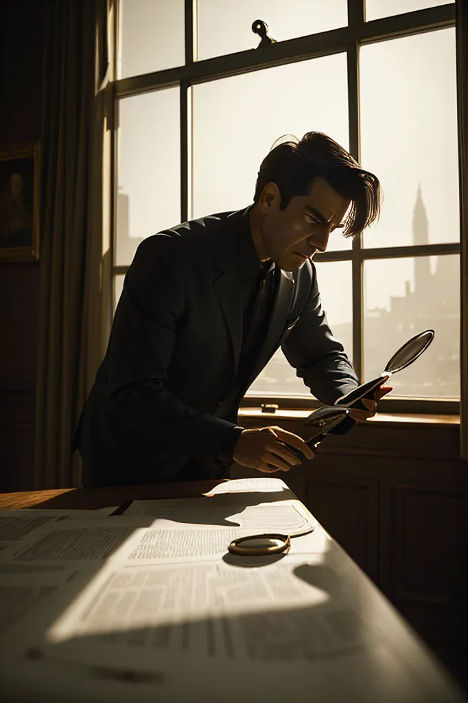 A man in a suit is looking at a document through a magnifying glass. He is standing in front of a window, and the light from the window is shining on the document. The man is wearing a serious expression, and it seems that he is concentrating on the document.