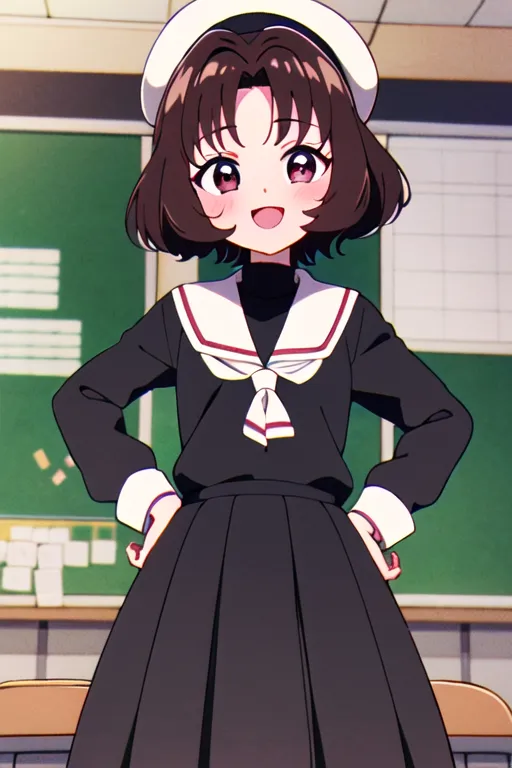 This is an image of an anime girl with short brown hair and brown eyes. She is wearing a black sailor-style school uniform with a white collar and a white beret. She has a happy expression on her face and is standing with her hands on her hips. The background is a chalkboard with a green surface.