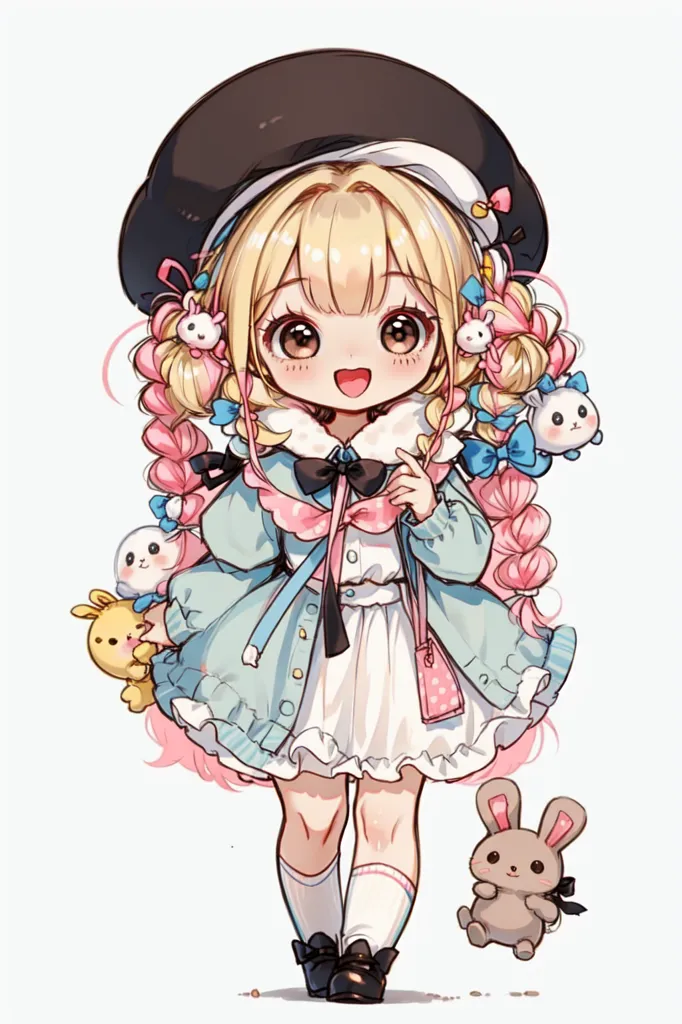 The image shows a cute anime girl with long blonde hair and blue eyes. She is wearing a black hat, a white dress, and a blue coat. She has a pink bow in her hair and is carrying a stuffed animal. She is standing next to a small white rabbit. The background is white.