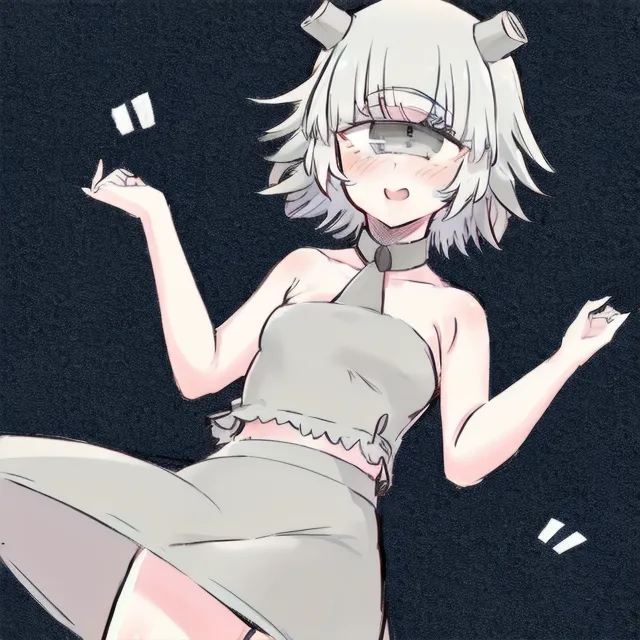 The image is of a cute anime girl with white hair and a grey dress. She has one eye in the middle of her forehead and is smiling happily. She is wearing a grey choker and has two small horns on her head. She is standing with her arms in the air and looks like she is having fun.