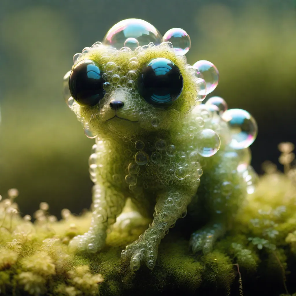 The image shows a small, green creature with large, blue eyes. It is covered in bubbles and is sitting on a mossy surface. The creature looks like a cross between a lizard and a frog. It is very cute and looks like it would be fun to play with.