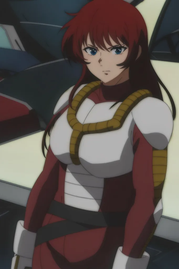 This is a picture of a female character from an anime. She is wearing a red and white spacesuit with a yellow scarf around her neck. She has long red hair and blue eyes. She is standing in front of a spaceship and looks like she is ready for a mission.