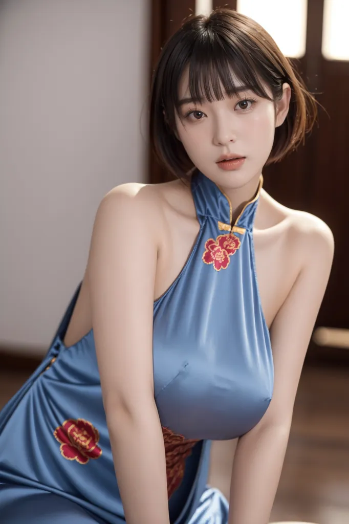 The image shows a young woman in a blue cheongsam. The cheongsam is a traditional Chinese dress that is typically worn by women. It is a one-piece dress that is fitted to the body and has a high collar. The cheongsam is often made from silk or other luxurious fabrics and is often decorated with intricate designs. The woman in the image is wearing a blue cheongsam that is made from a shiny fabric. The cheongsam has a high collar and is fitted to her body. The woman is also wearing a pair of black high heels.