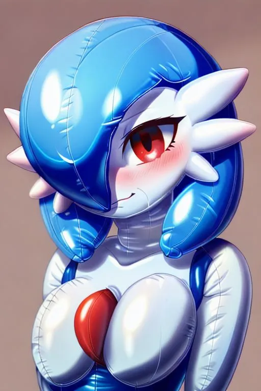 The image is of a cartoon character named Gardevoir. She is a blue and white bipedal Pokémon with a humanoid appearance. She has a large head with a pair of red eyes, a small mouth, and a long, pointed nose. Her body is slender and has a pair of large, spherical breasts. Her arms and legs are long and slender, and she has a pair of wings on her back. She is wearing a blue and white bodysuit with a red heart-shaped gem on her chest