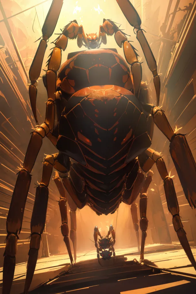 The image is a dark and dusty room with a giant spider-like creature in the center. The spider is perched on a platform above the viewer. It has a large, bulbous body and eight long, spindly legs. Its eyes are glowing red, and its mouth is open, revealing a set of sharp, glistening teeth. The spider is surrounded by a web of its own making, and the floor is littered with the bones of its victims.