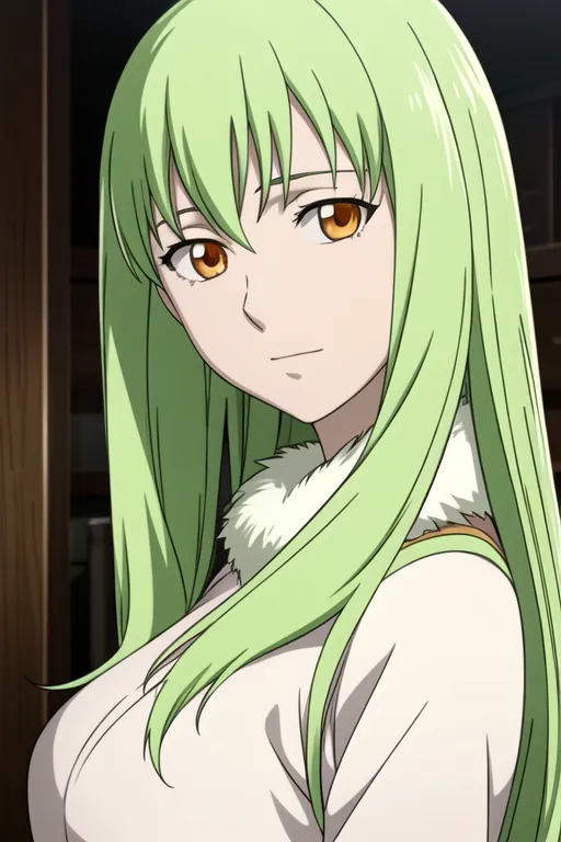 The image shows a young woman with long green hair and orange eyes. She is wearing a white shirt with a fur collar. She has a gentle smile on her face and looks to be in her early twenties.