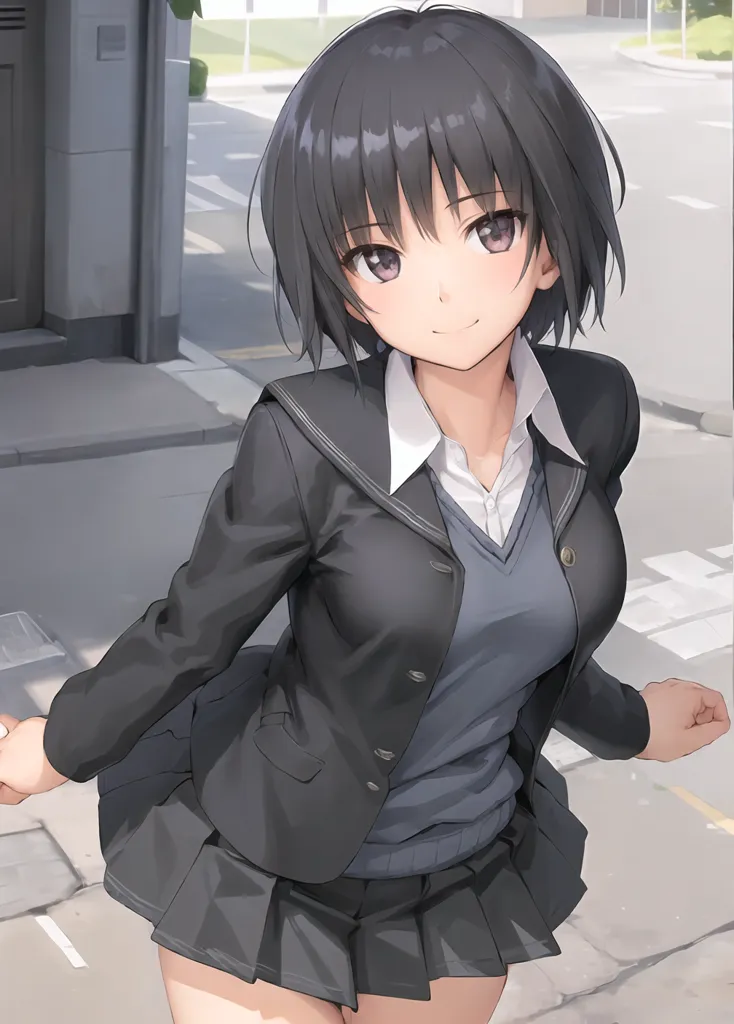 The image shows a young woman with short black hair and purple eyes. She is wearing a black school uniform with a white shirt and a gray sweater vest. She is also wearing a black skirt and black shoes. She is standing on a city street with a building in the background. The image is drawn in a realistic style and the woman is depicted in a moe style.