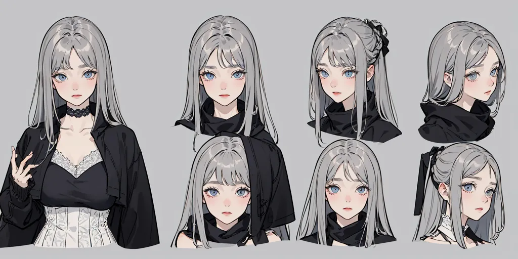 La imagen muestra un conjunto de 6 diferentes primeros planos de la misma chica de estilo anime. Tiene el cabello plateado y los ojos azules, y lleva un collar negro y una parte superior de estilo corsé blanca y negra. En el primer primer plano, está mirando al espectador con una expresión neutra. En el segundo primer plano, está mirando al espectador con una ligera sonrisa. En el tercer primer plano, está mirando al espectador con una sonrisa más pronunciada. En el cuarto primer plano, está mirando al espectador con una expresión ligeramente sorprendida. En el quinto primer plano, está mirando al espectador con una expresión triste. En el sexto primer plano, está mirando al espectador con una expresión enojada.