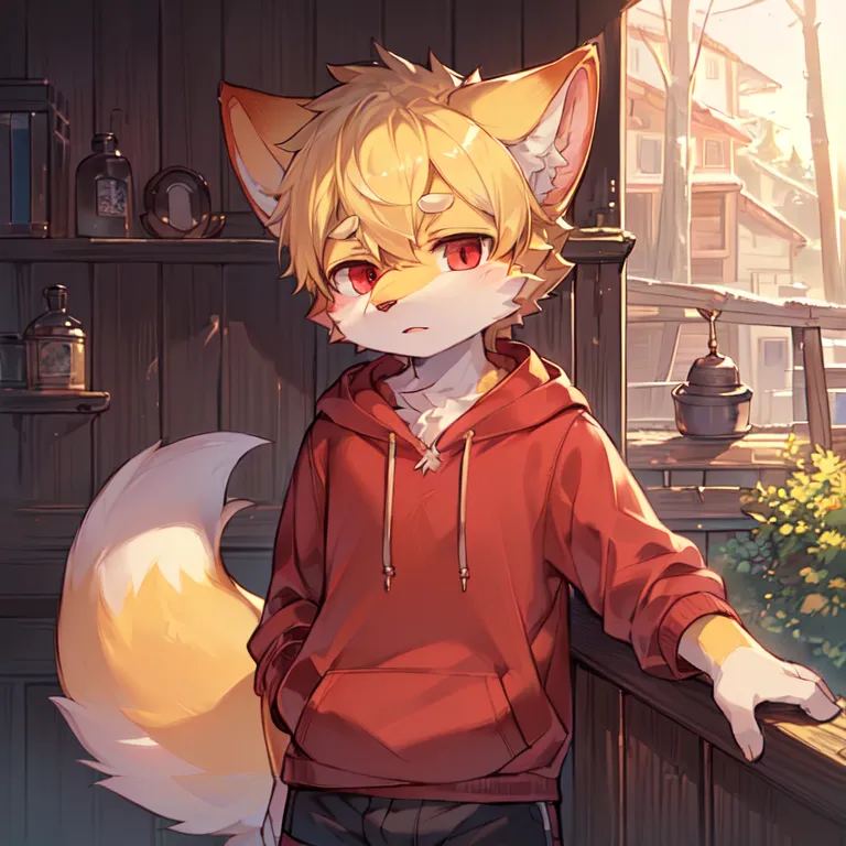 The image is of a young man with blond hair and red eyes. He has fox ears and a tail, and is wearing a red hoodie. He is standing in a room with wooden walls and a large window. There are shelves on the walls and a kettle on the windowsill. The man is looking out the window with a thoughtful expression on his face.