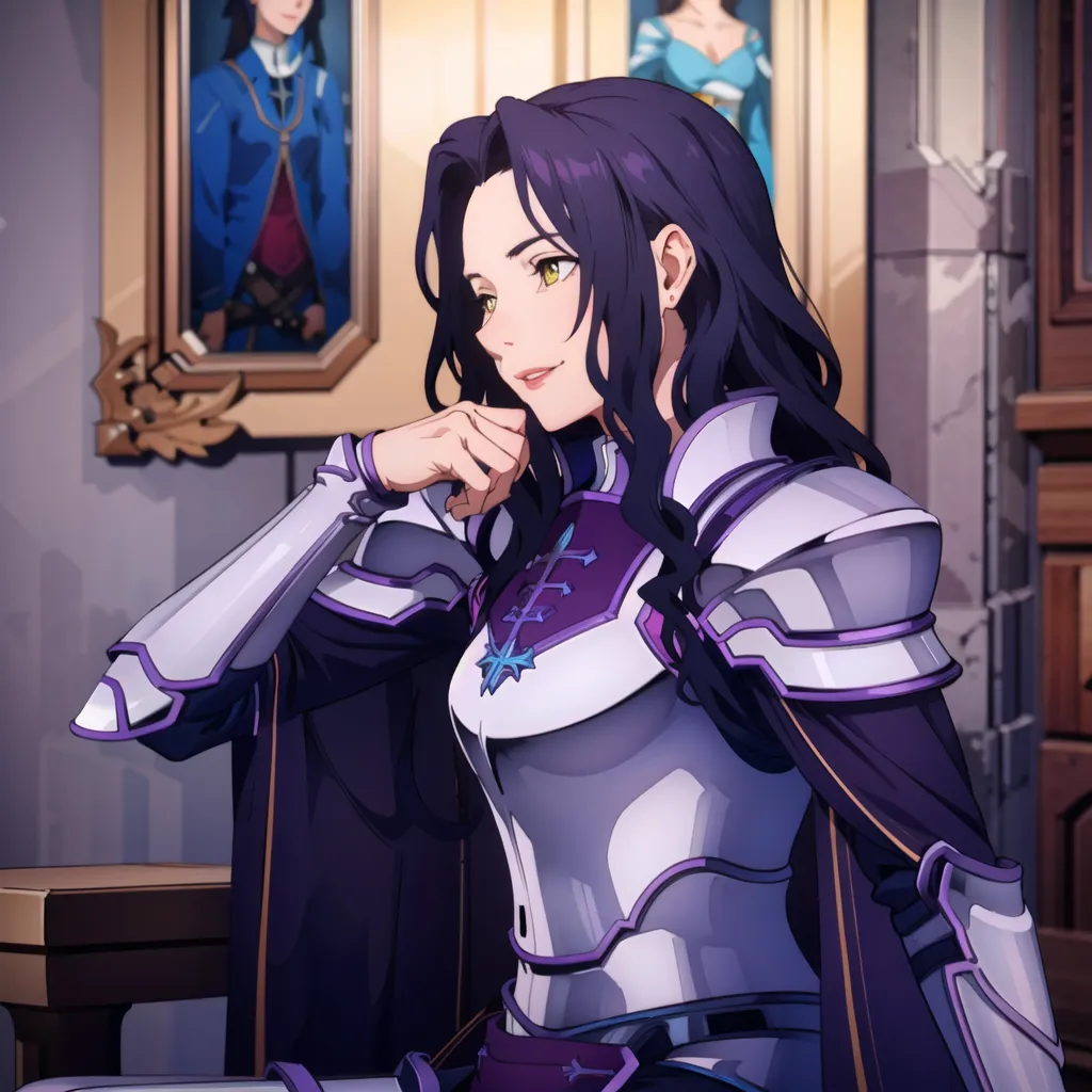 The image shows a young woman with long purple hair and green eyes. She is wearing a silver and purple breastplate with a white undershirt. She is also wearing a purple cape and has a sword on her left hip. She is sitting in a chair and has her right hand resting on her chin. She is looking at something or someone with a thoughtful expression on her face.