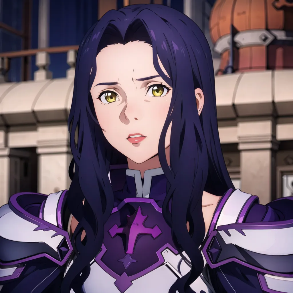 The image shows a young woman with long, dark hair and yellow eyes. She is wearing a purple and white outfit with a cross on her chest. She has a serious expression on her face.