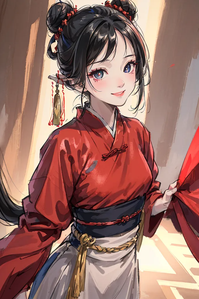 The picture shows a young woman in a red kimono with white haori. The kimono has a black obi tied around the waist. The woman has long black hair tied in two buns on top of her head. The woman has blue eyes and a gentle smile on her face. She is standing in a room with a red curtain behind her.