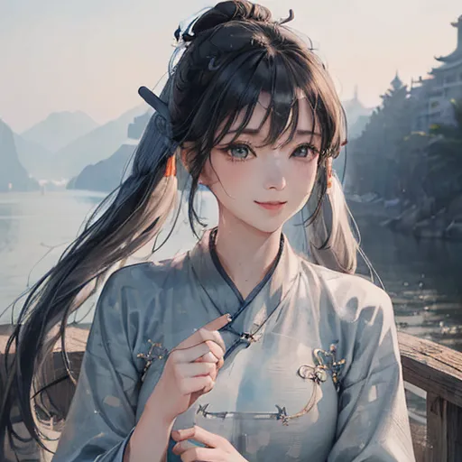 The picture shows a young woman in a blue and white traditional Chinese dress with long black hair and green eyes. She is standing on a bridge or dock near a river and is looking at the camera with a slight smile on her face.