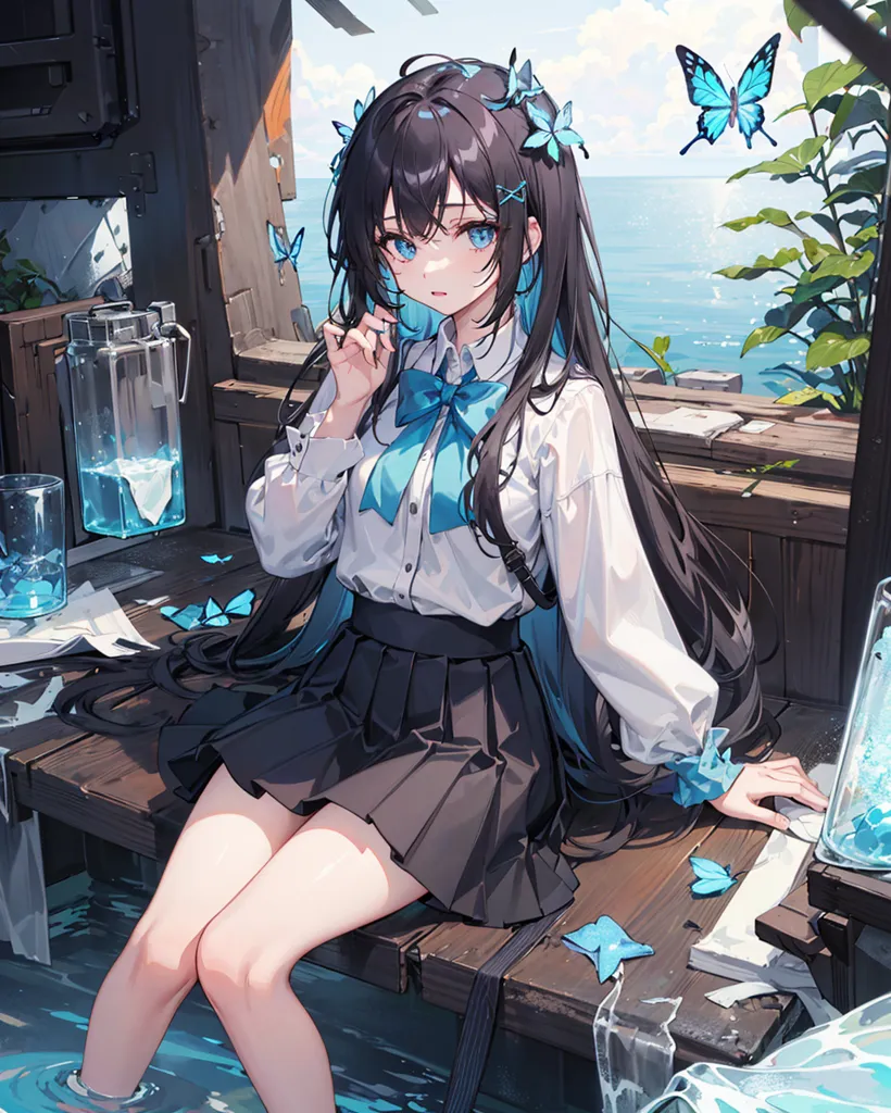 The image is of an anime girl with long black hair and blue eyes. She is wearing a white blouse, a black skirt, and a blue bow tie. She is sitting on a wooden railing with her feet in the water. There are butterflies flying around her. The background is of a blue sky and ocean.