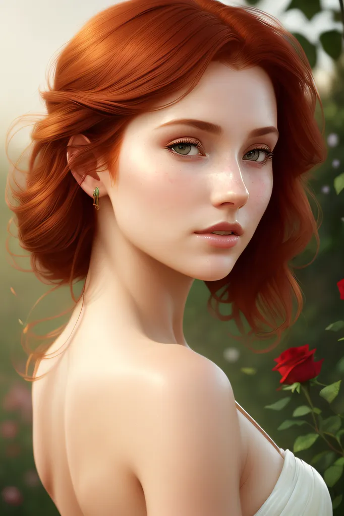 The image shows a beautiful woman with long, wavy red hair. She has light green eyes and a fair complexion. She is wearing a white dress with a sweetheart neckline. The dress is off-the-shoulder, showing her shoulders and back. She is also wearing a pair of green earrings. The woman is standing in a garden, with a rose bush in the background.