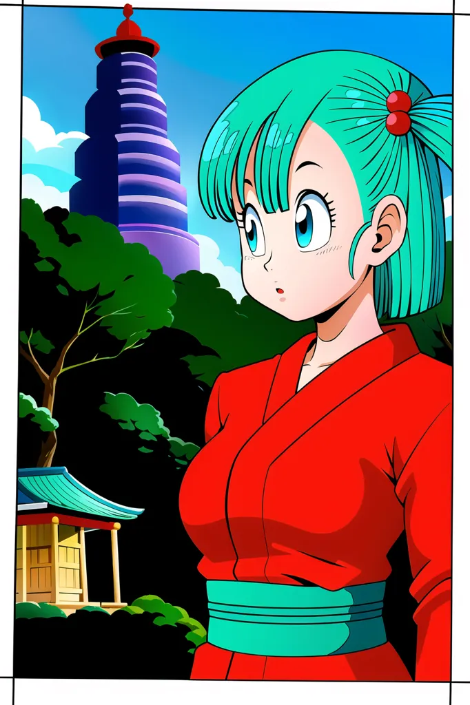 La imagen es de Bulma, un personaje de la franquicia Dragon Ball. Ella está de pie en un campo, mirando una torre a lo lejos. Lleva un kimono rojo con un obi verde y tiene el cabello recogido en una cola de caballo. La imagen está dibujada en un estilo realista y los colores son vibrantes y brillantes.