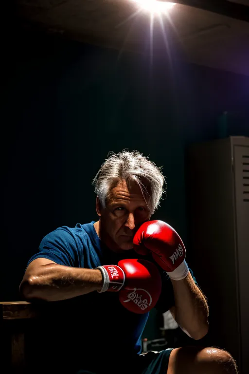 Um homem com cabelos grisalhos e uma camisa azul está sentado em um banco em uma sala escura. Ele está usando luvas de boxe vermelhas e tem os punhos levantados na frente do rosto. Ele está olhando para a câmera com uma expressão determinada. Há uma única luz brilhante brilhando sobre ele de cima.