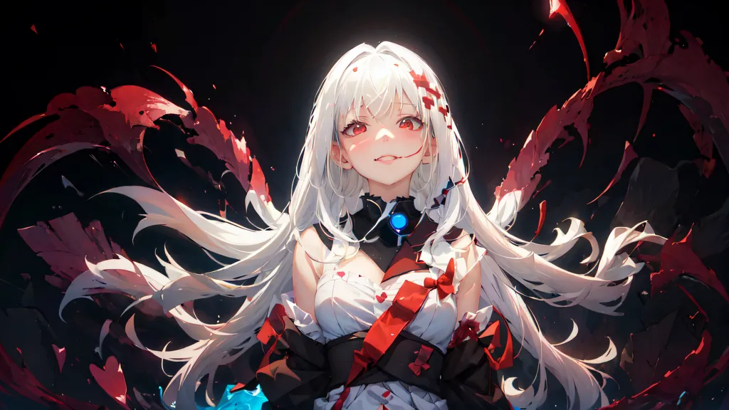 The image is of an anime-style girl with long white hair and red eyes. She is wearing a white dress with a red ribbon and has a blue gem on her neck. She is surrounded by red and black particles and has a sinister smile on her face.