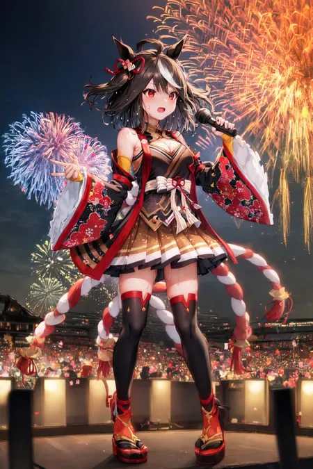 The image is of a young woman with long brown hair and cat ears. She is wearing a red and white kimono with a yellow obi. She is also wearing black stockings and red shoes. She is standing on a stage with a microphone in her hand and there are fireworks exploding in the background. There are also people in the background.