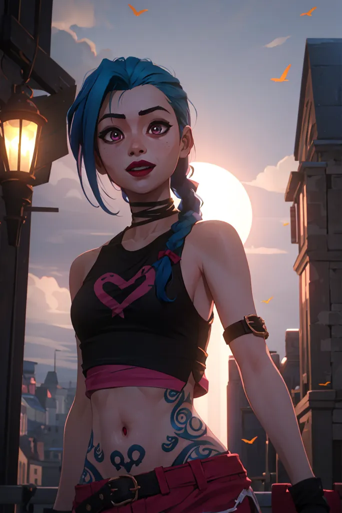 The image is of a young woman with blue hair, pink eyes, and a heart-shaped tattoo on her stomach. She is wearing a black tank top, red pants, and a brown belt. She is standing in front of a city skyline at sunset. There are buildings, birds, and a lamppost in the background. The woman has a confident expression on her face and is looking at the viewer.