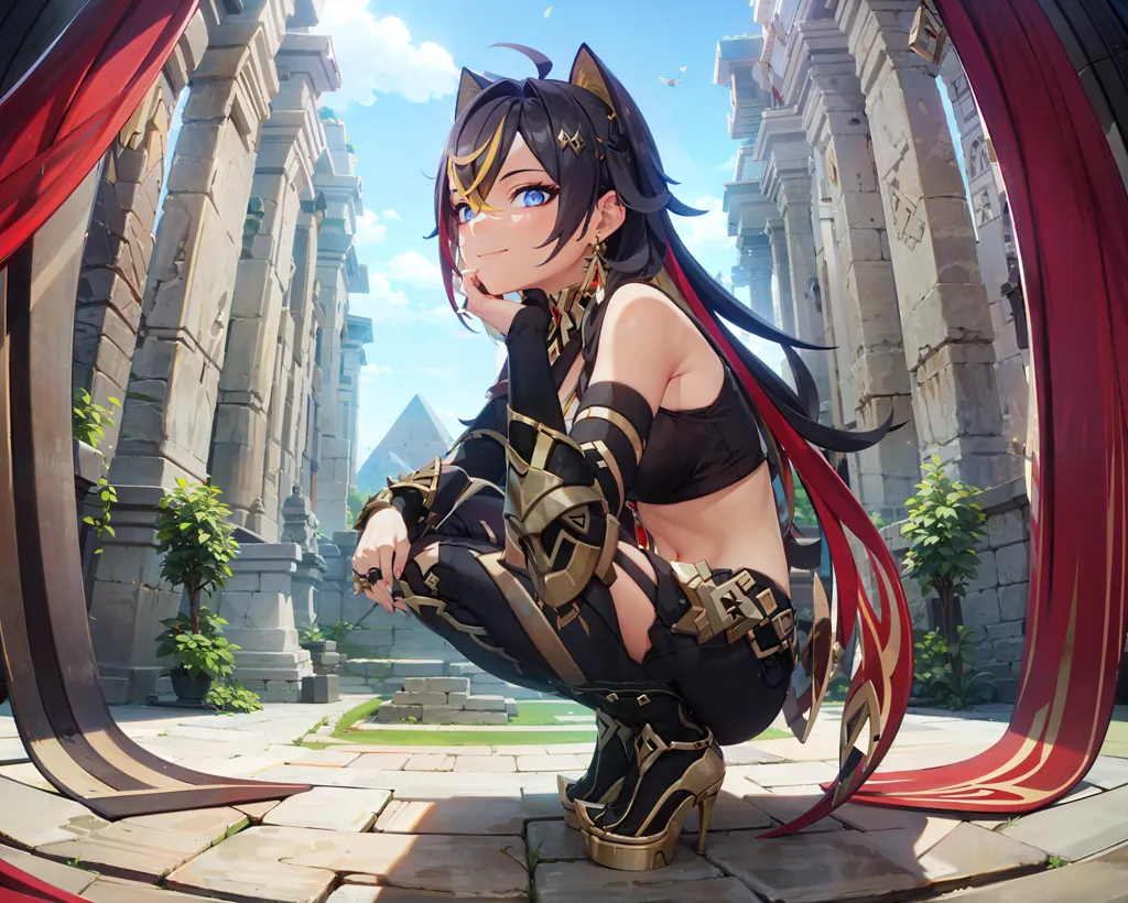 The image shows a young woman with long black hair and blue eyes. She is wearing a black and gold outfit and has cat ears and a tail. She is sitting on a stone floor in what appears to be a temple. There are large columns and a pyramid in the background. The woman is smiling and has her hand on her chin.