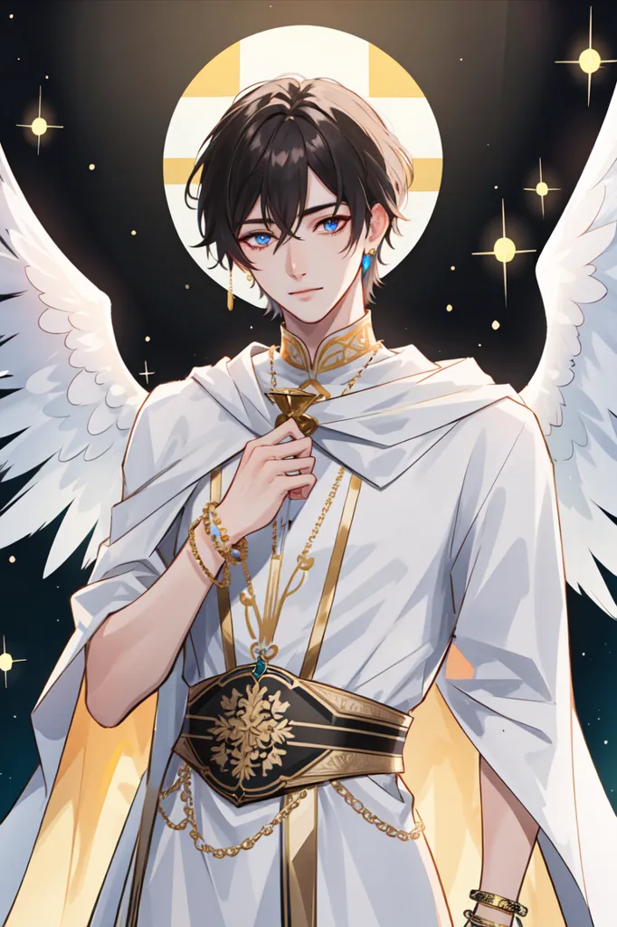 The picture shows a beautiful young man with long black hair and blue eyes. He is wearing a white robe with a gold belt and has a white cape with a gold trim. He also has a gold necklace and several bracelets on his right arm. He has angel wings made of white feathers, and there is a halo above his head. He is standing in front of a dark blue background with a starry night sky and a glowing cross in the center.