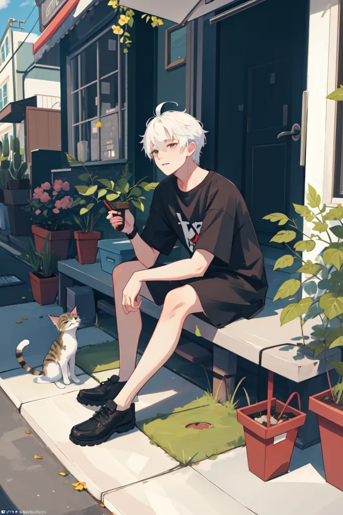 A young man with white hair and black eyes is sitting on the stoop of a house. He is wearing a black t-shirt, gray shorts, and black sneakers. He is holding a can in his right hand. A cat is sitting on the ground next to him. The cat is white with gray patches on its face and paws. There are plants in pots on the stoop and on the ground next to the stoop. The house is blue with a white door. The sky is blue and there are clouds in the sky.