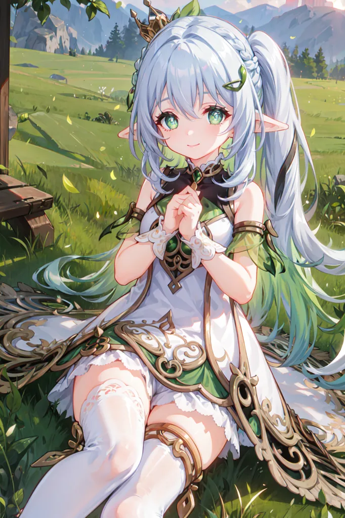 The image is of an anime-style girl with long white and green hair. She is wearing a white and green dress with a green and gold crown. She is sitting on a rock in a field of green grass and flowers. There are trees and mountains in the background. The girl has a happy expression on her face and is looking at the viewer.