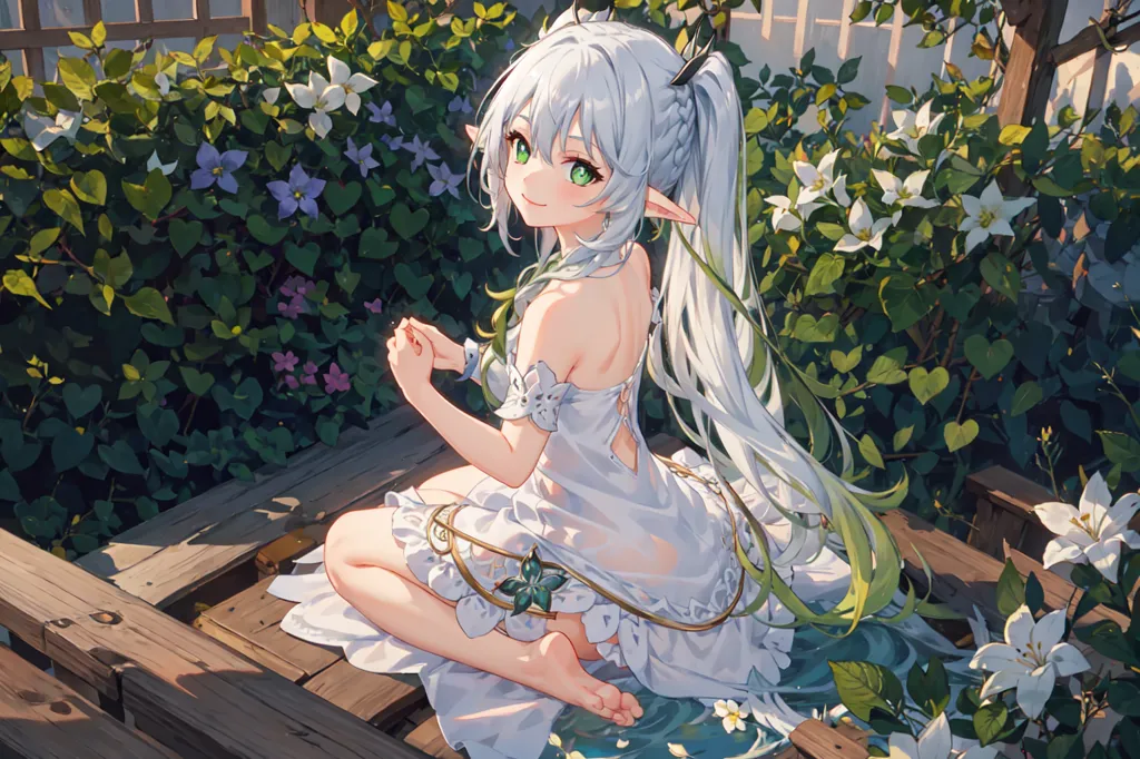 L'image est une peinture d'une belle jeune fille d'anime aux longs cheveux blancs et aux yeux verts. Elle porte une robe blanche et est assise sur une rambarde en bois dans un jardin. Il y a des fleurs et des plantes tout autour d'elle. La jeune fille sourit et semble heureuse et sereine. La peinture est réalisée dans un style réaliste et les couleurs sont vives et réalistes.