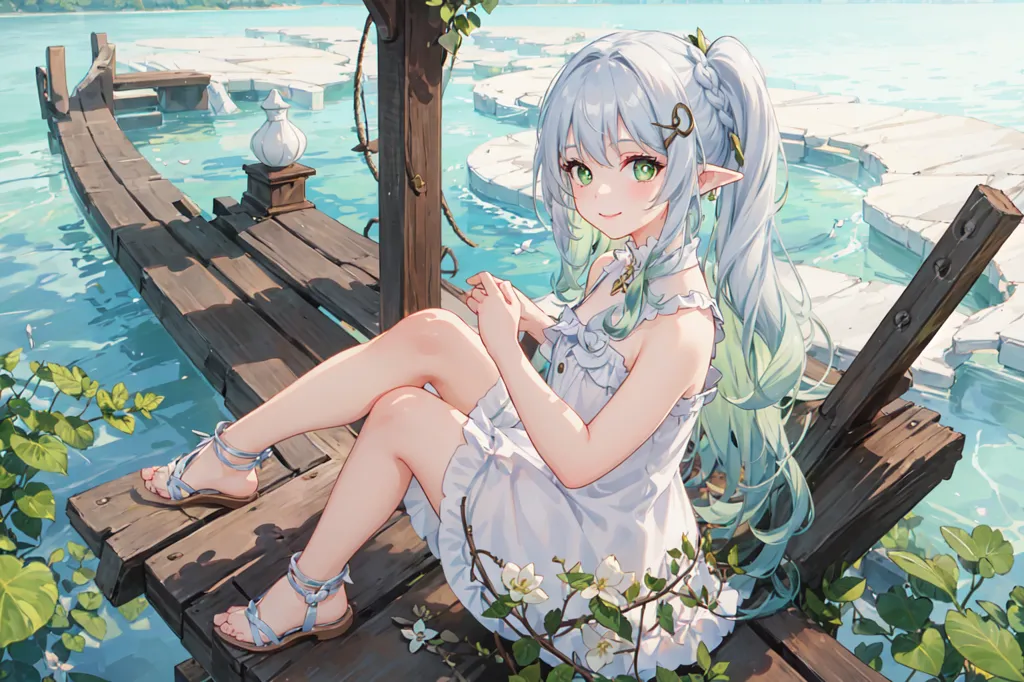 The image is of an anime-style girl sitting on a wooden dock. The girl has long, white hair and green eyes, and is wearing a white dress. She is sitting with her legs crossed and her hands in her lap, and there is a small smile on her face. The dock is surrounded by water, and there are some plants growing on the edge of the water. In the background, there is a large tree. The overall color scheme of the image is light and bright, and the atmosphere is peaceful and relaxing.