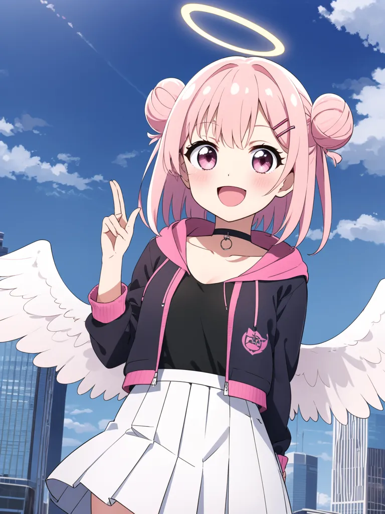 The image shows an anime-style girl with pink hair and blue eyes. She is wearing a black hoodie with a pink collar and a white skirt. She has a halo above her head and is making a peace sign with her right hand. There are angel wings made of feathers on her back. The background is a blue sky with white clouds and a city in the distance.