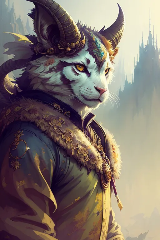 The image is a painting of a anthropomorphic cat. The cat has white fur with gray stripes and blue eyes. It is wearing a green and gold tunic and has a golden crown on its head. The cat is standing in front of a castle.