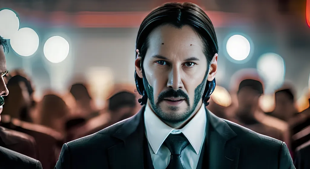 This is a picture of Keanu Reeves from the movie John Wick. He is wearing a black suit and tie. He has a beard and a mustache. He is standing in front of a blurred background with two other figures on either side of him.