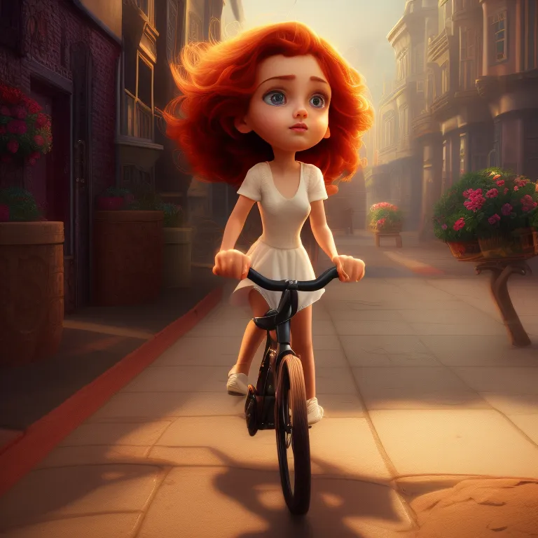 The image is of a young girl with long red hair riding a bicycle down a city street. She is wearing a white dress and white shoes. The street is lined with buildings and there are flowers on the windowsills. The girl is smiling and looks happy. The image is in a cartoon style and the colors are bright and vibrant.