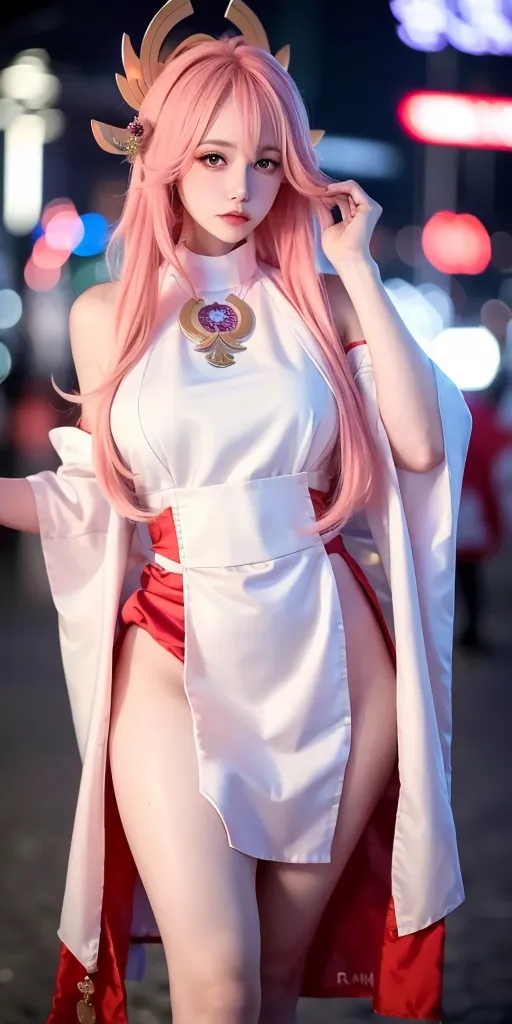 The picture shows a young woman with pink hair dressed in a white and red kimono-style outfit. The outfit has a high collar and a long slit on one side, exposing her right leg. She is also wearing a red obi sash around her waist. The woman is standing in a dark setting with a blurred background of city lights.