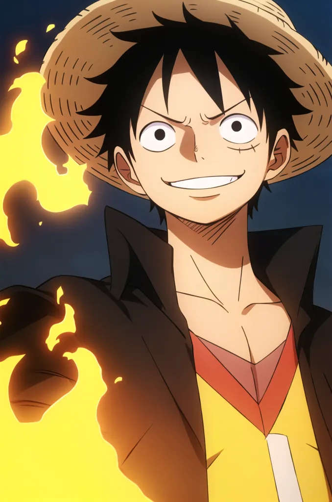 The image shows Monkey D. Luffy, the protagonist of the anime series One Piece. He is smiling and wearing his signature straw hat. He is also wearing a black coat and a red vest. His left arm is outstretched, and he is surrounded by flames.